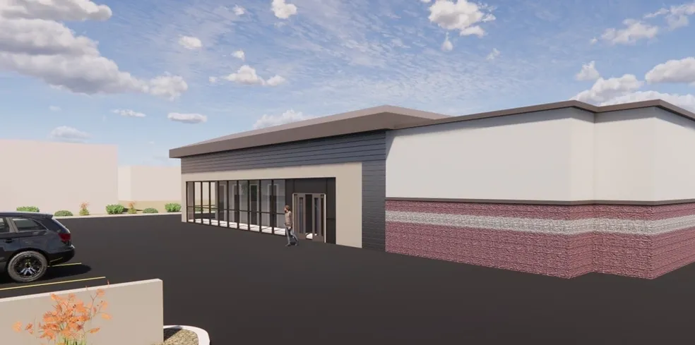 A rendering of the exterior of a building.