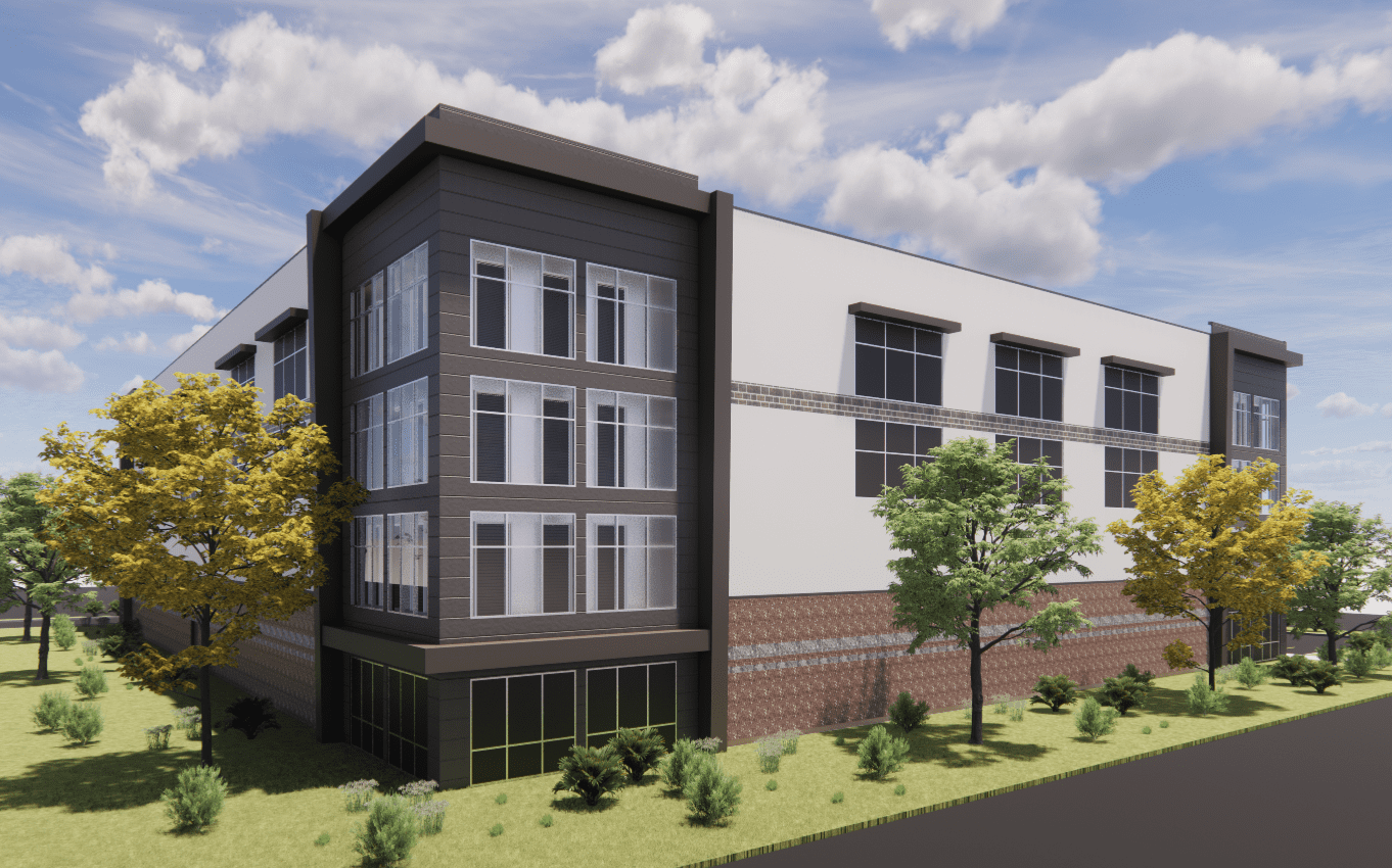 Three Lakes Self Storage Artist Rendering of Exterior Building with brick accents