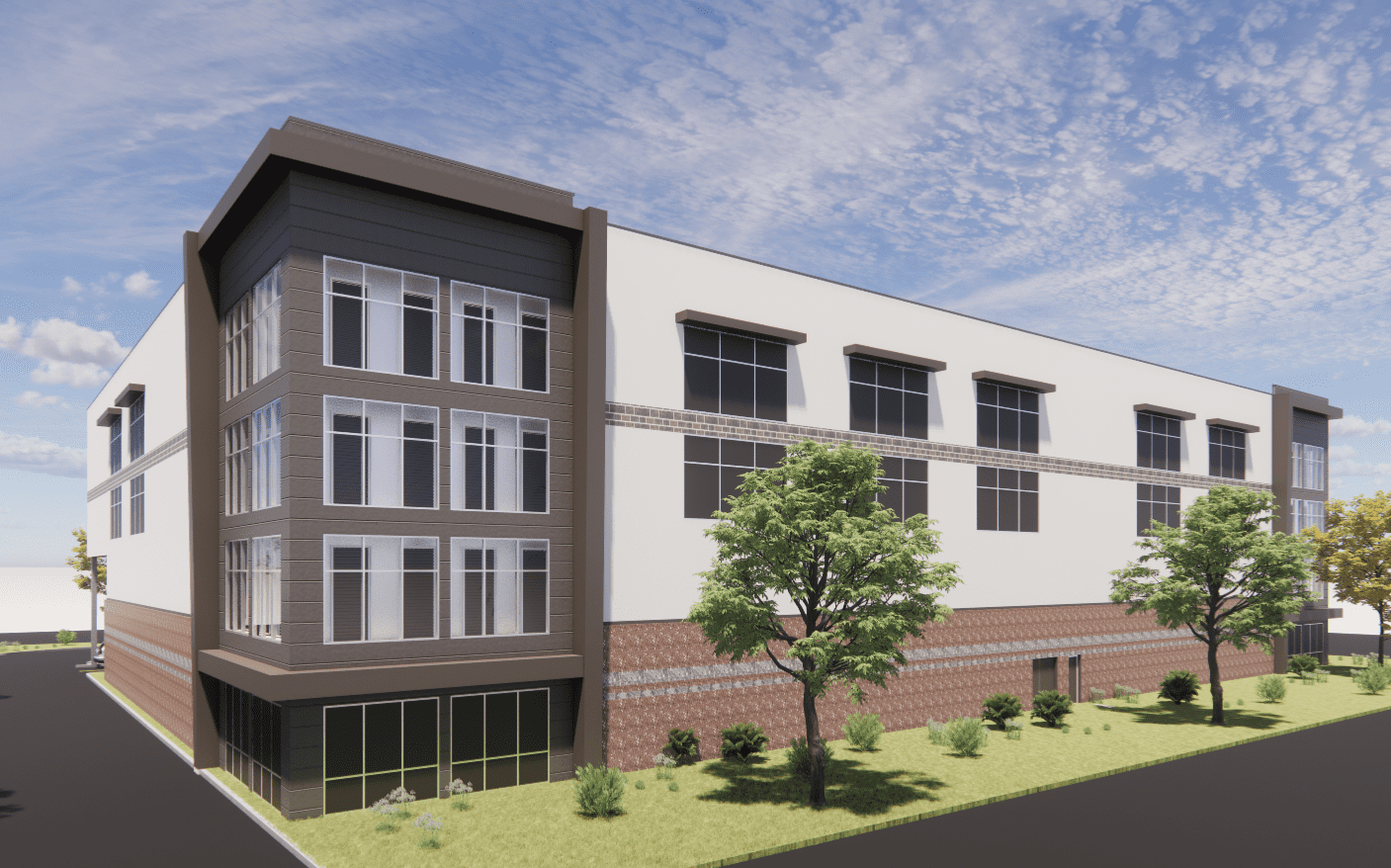 Three Lakes Self Storage Artist Rendering of Exterior Building with brick accents