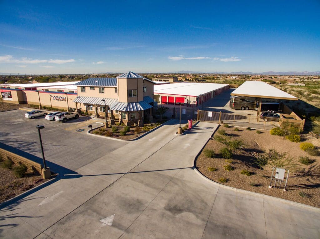 Aerial image of the gated entrance to Hunt Highway Self Storage