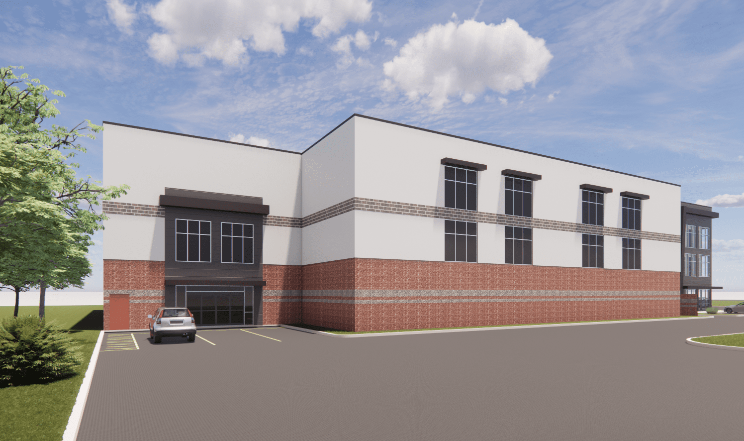 Modern building exterior with parking spaces.