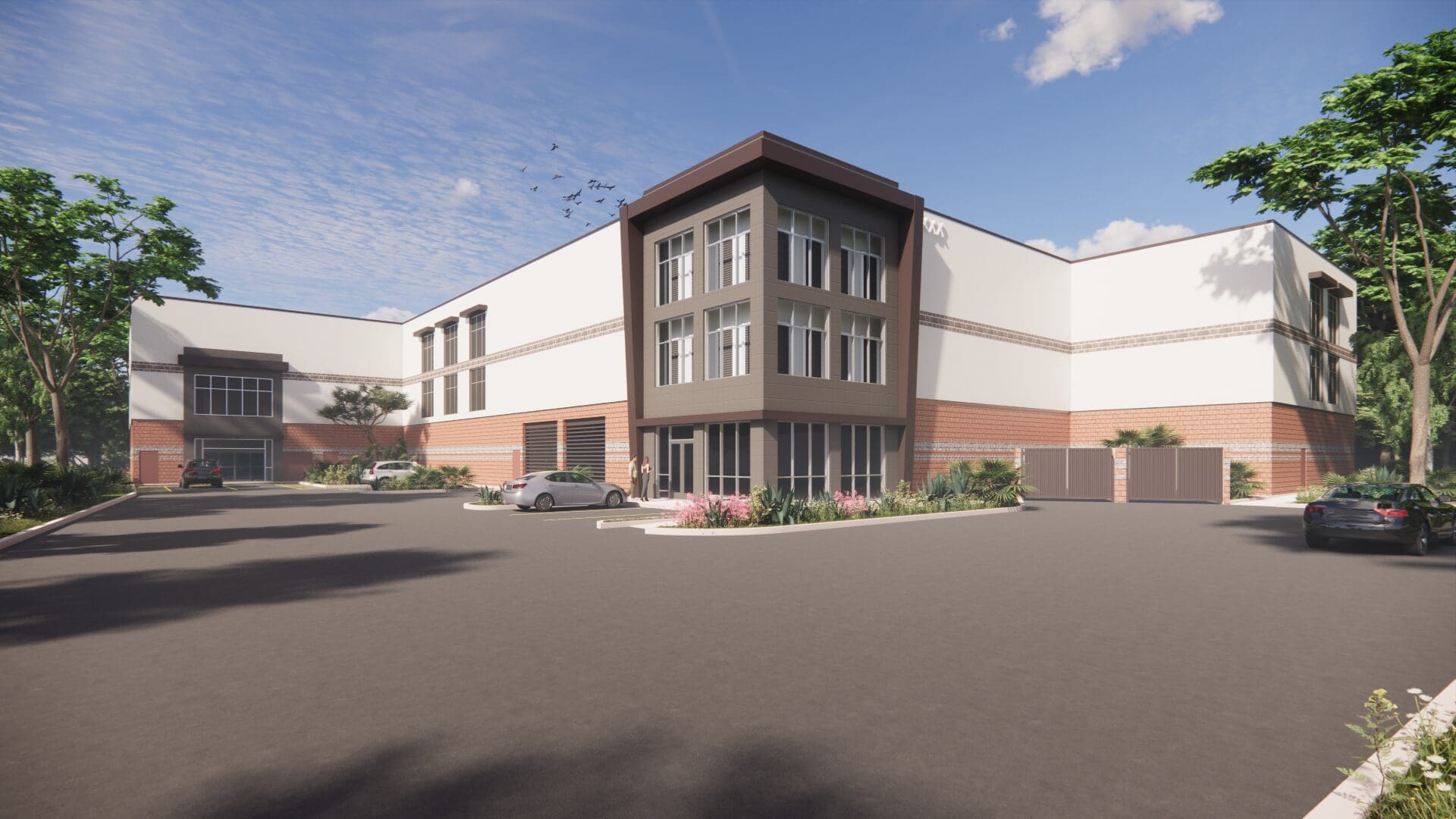 Modern building with parking lot and landscaping.