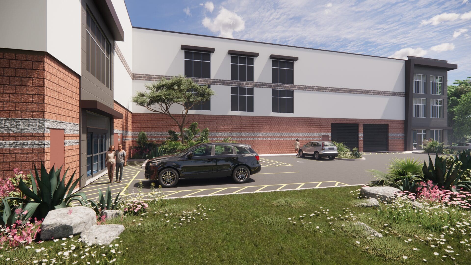 Modern building with parked cars and greenery.