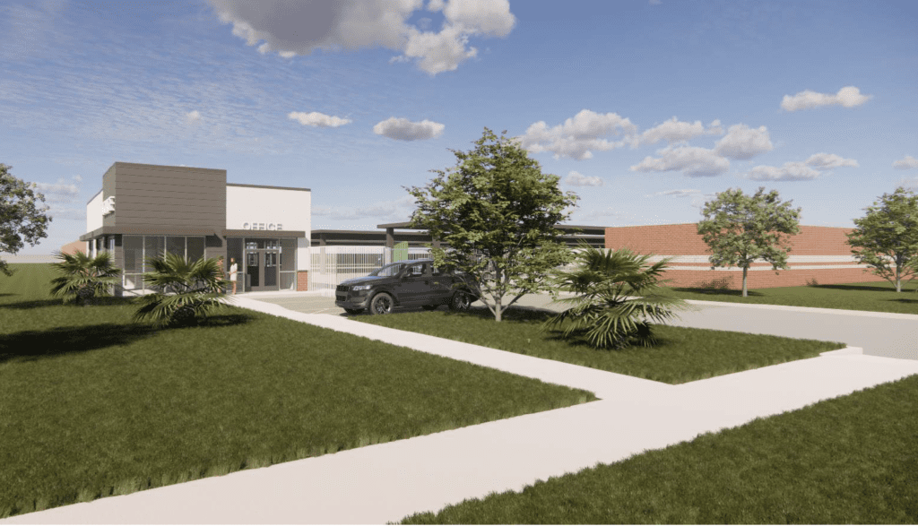 Rendering of Gibsonton Storage with grass and sidewalks