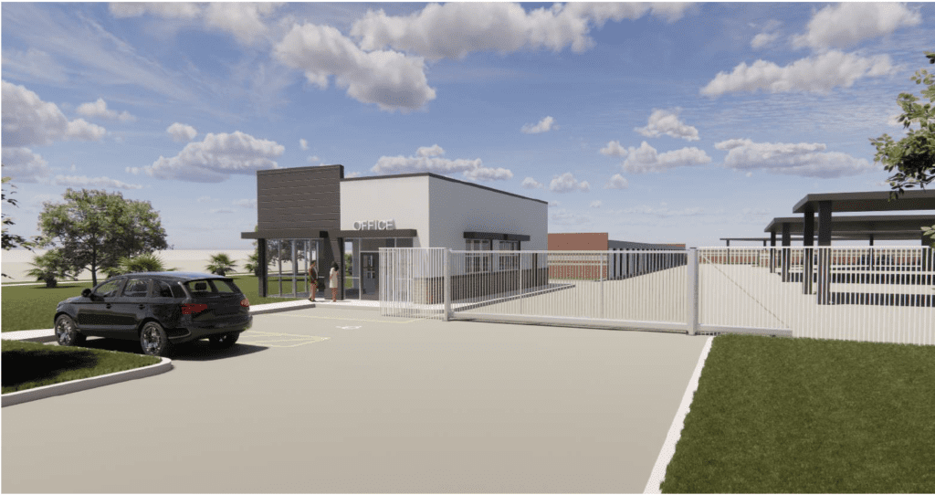 Rendering of a single-level building with brick accents and windows