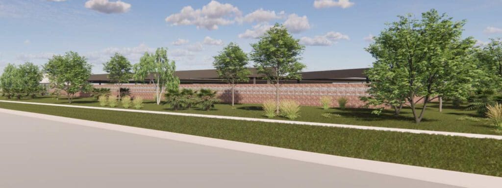 Rendering of landscaping with brick wall, trees, and lawn