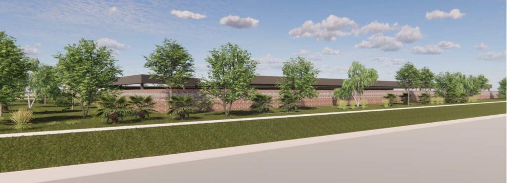 Rendering of landscaping with green lawn and trees