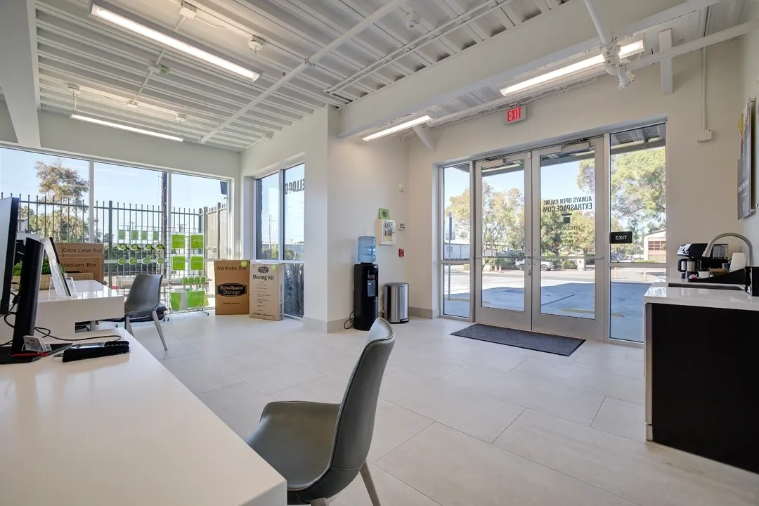 Modern office interior with storage boxes.