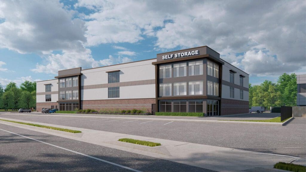 Massapequa Self Storage rendering of the multi-level building with brick accents