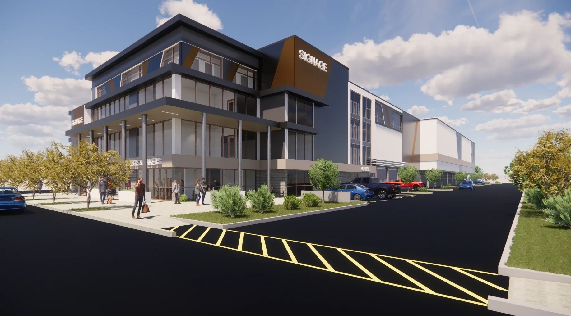 Modern building with people and cars outside.