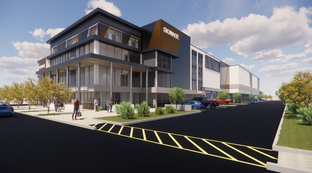 Modern commercial building with landscaping.