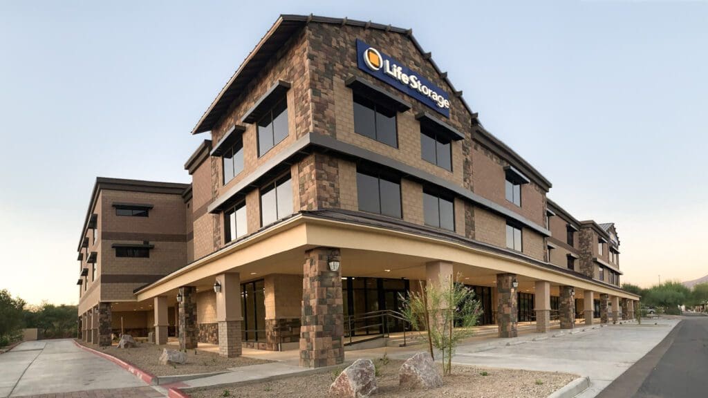 Tucson Steam Pump Self Storage building exterior with stone facing and windows