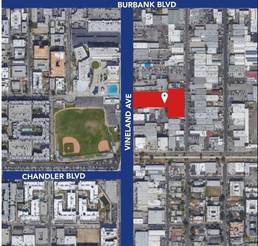 Map showing Burbank, Vineland, and Chandler.