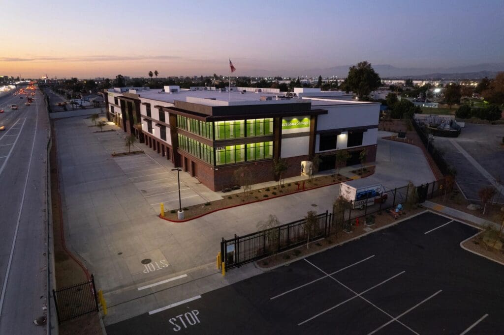Modern storage facility at dusk.