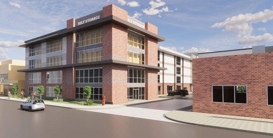 Modern self-storage facility with brick architecture.