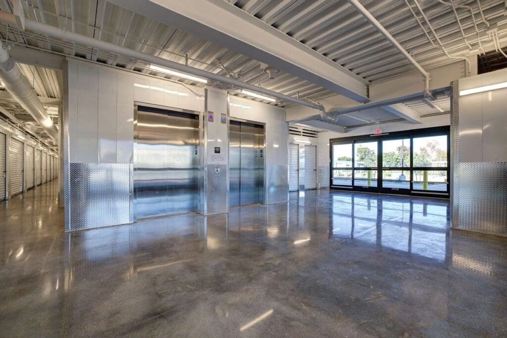 Modern storage facility interior with elevators.