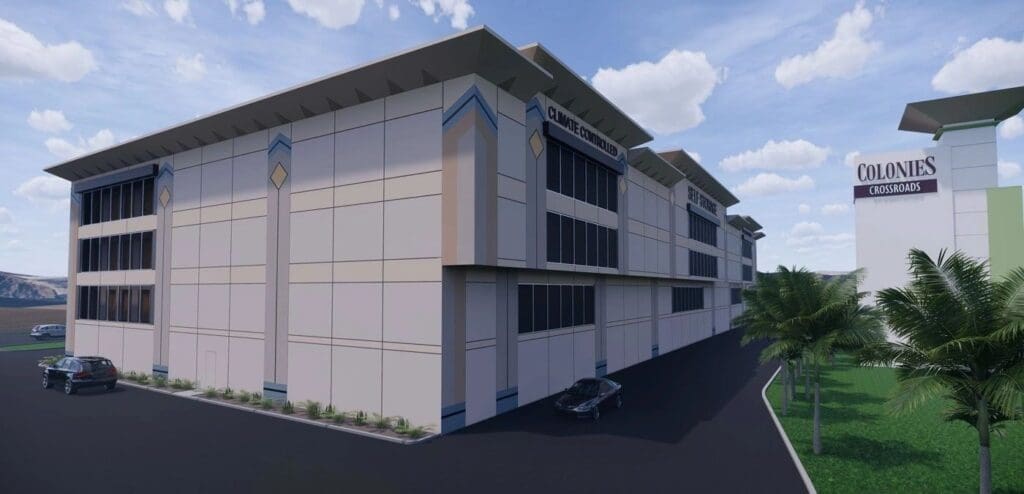 Modern storage facility with palm trees.