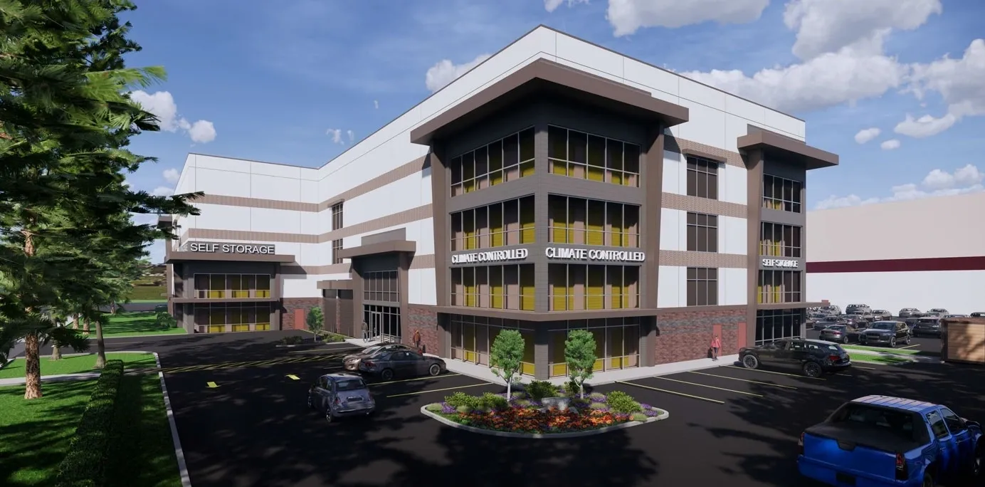 Rendering of a multi-level building with glass windows and brick accents