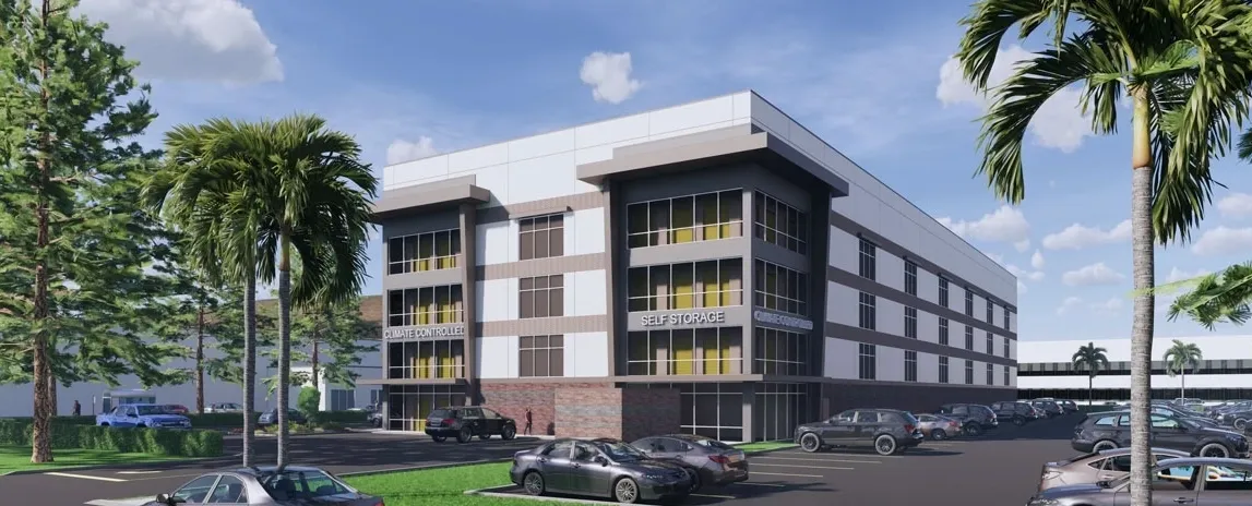 Rendering of a multi-level building with glass windows and brick accents