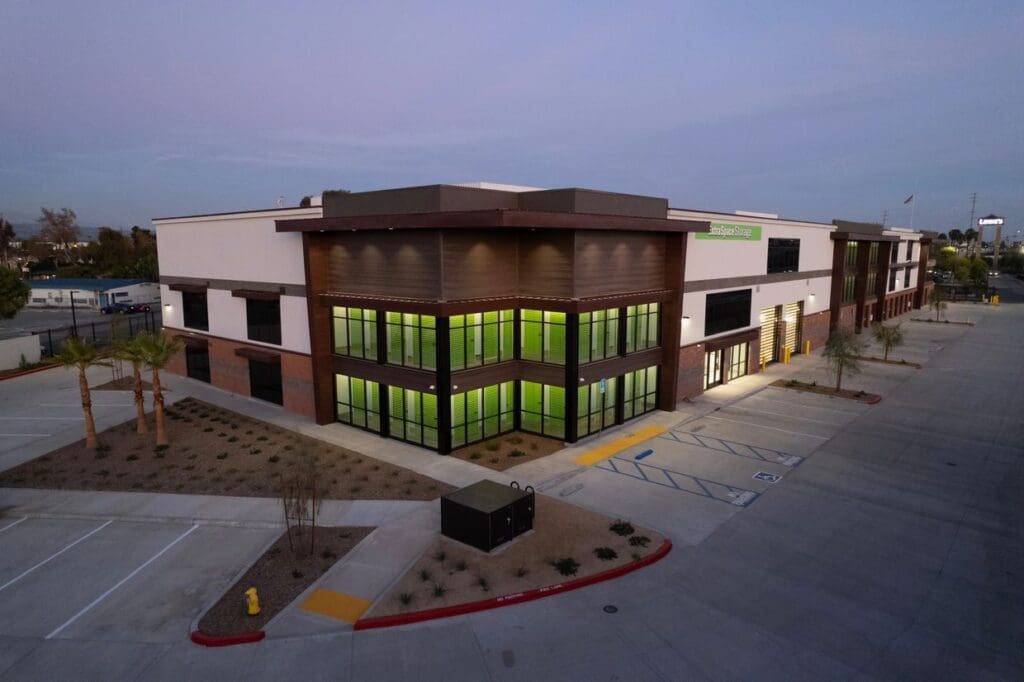 Modern storage facility at dusk.