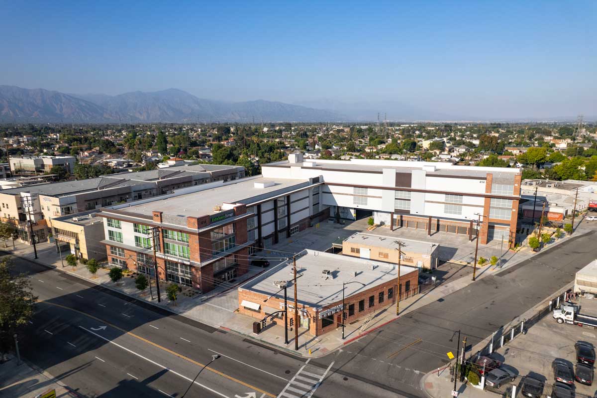 Aerial photo of the San Gabriel Self Storage multi-level building with brick accents