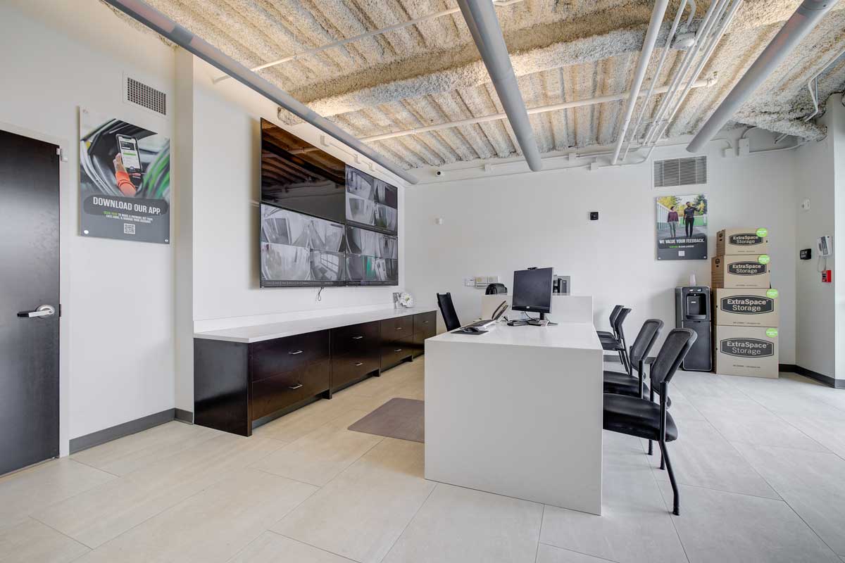 Clean and open leasing office to San Gabriel Self Storage with video security camera monitors
