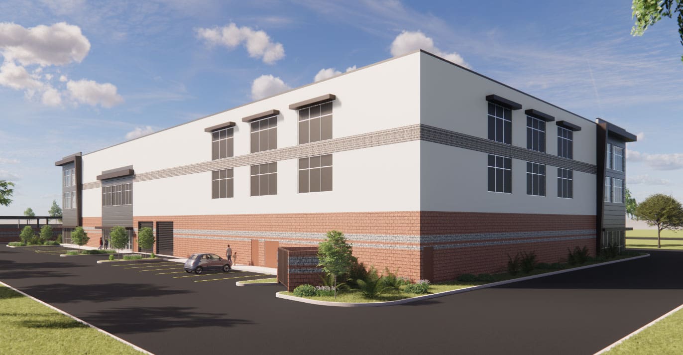 Multi-level storage building with brick accents and windows