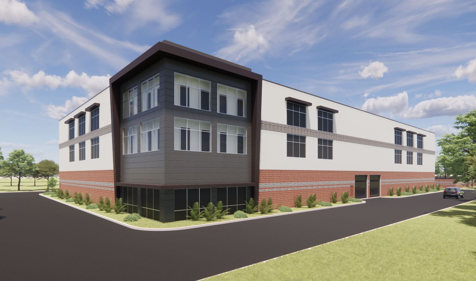 Multi-level storage building with brick accents and windows