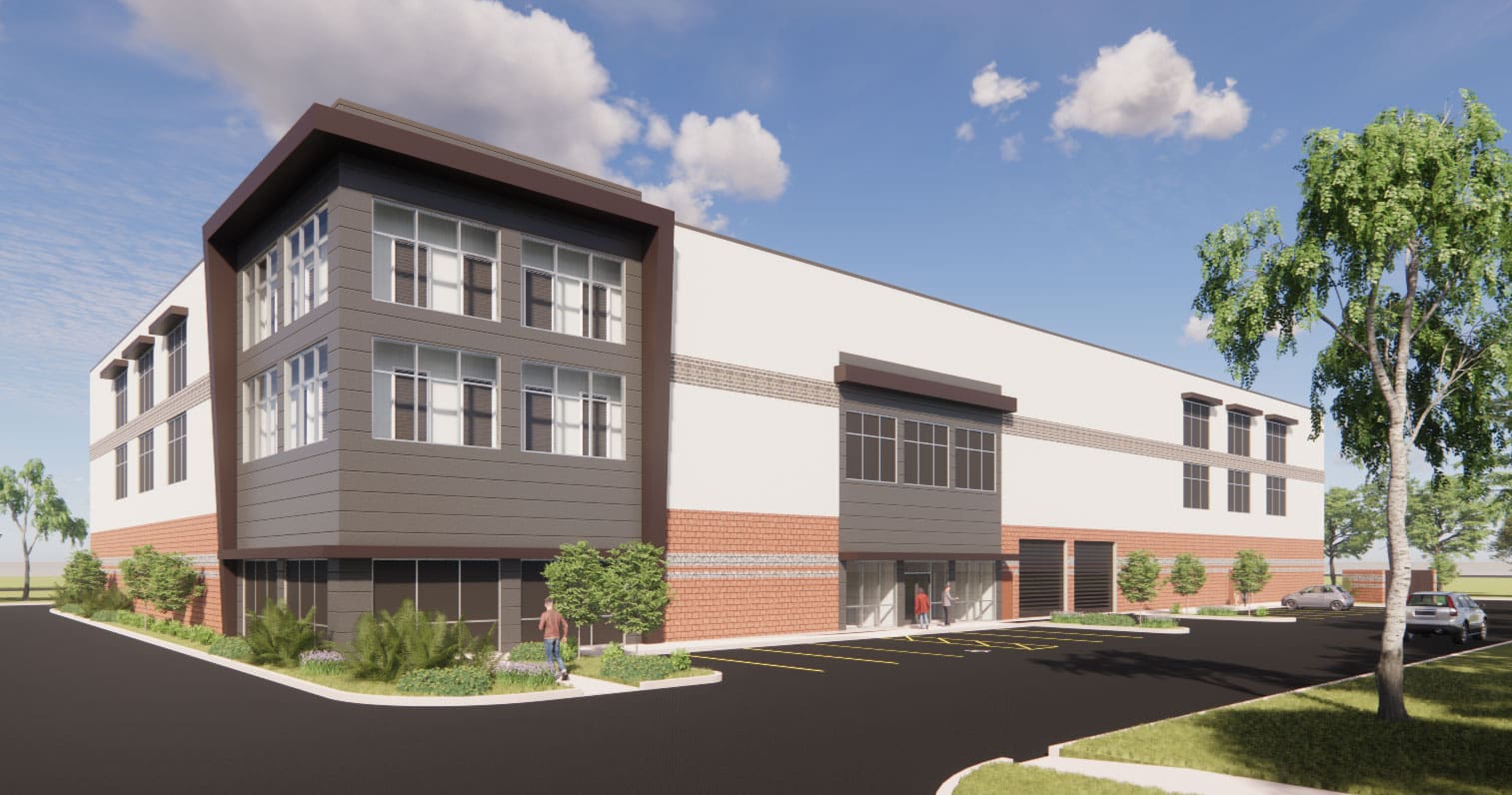 Multi-level storage building with brick accents and windows