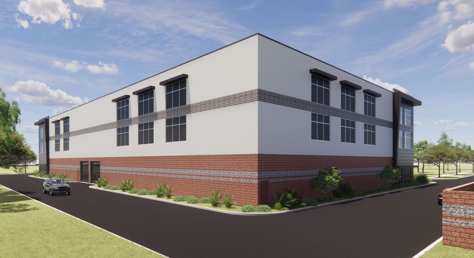 Multi-level storage building with brick accents and windows