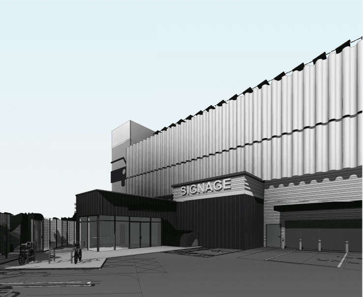 A rendering of a multi-level modern storage building