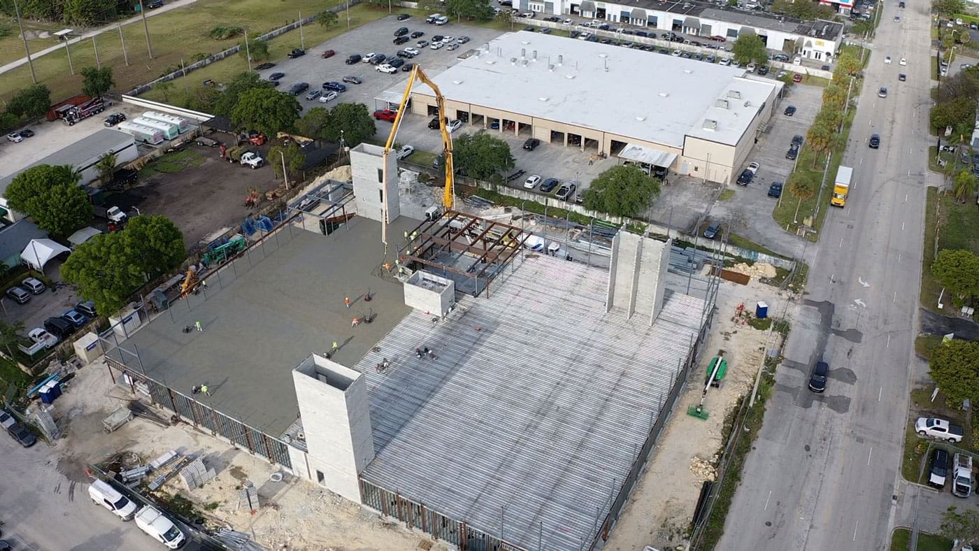aerial photo of a construction site with steel framing